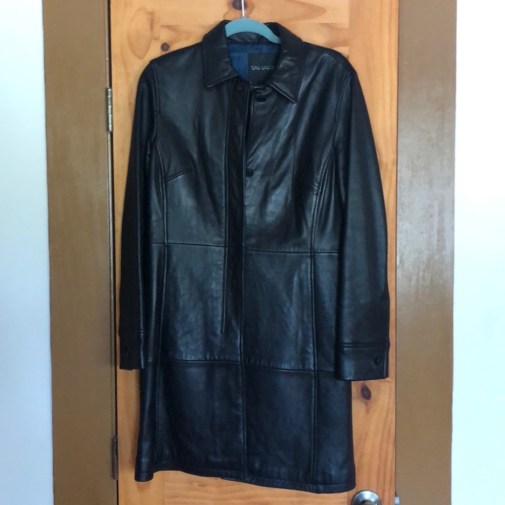 Tahari Black Leather Coat- Knee Length
